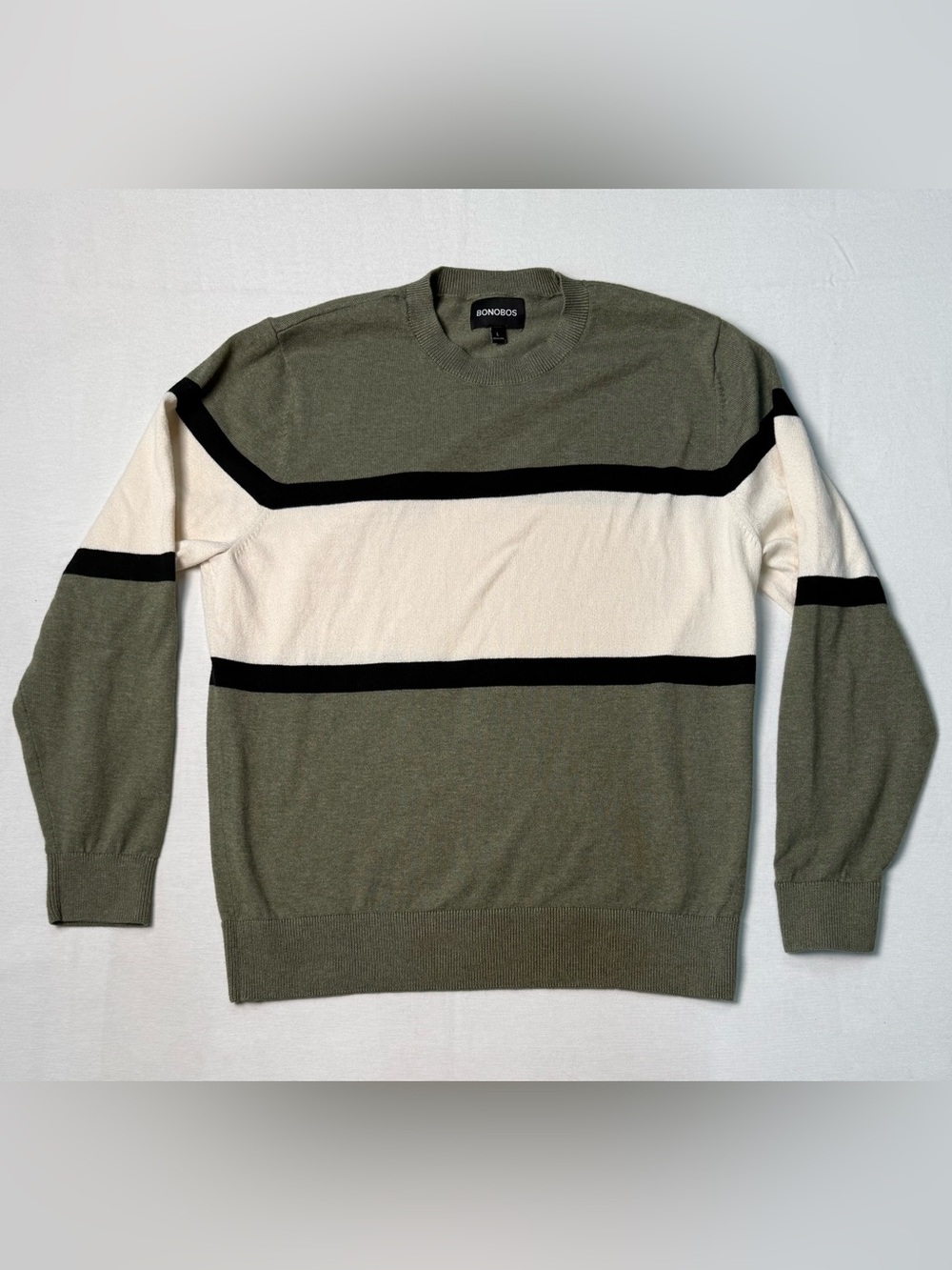 Bonobos Olive, Cream & Black Striped Crewneck Sweater